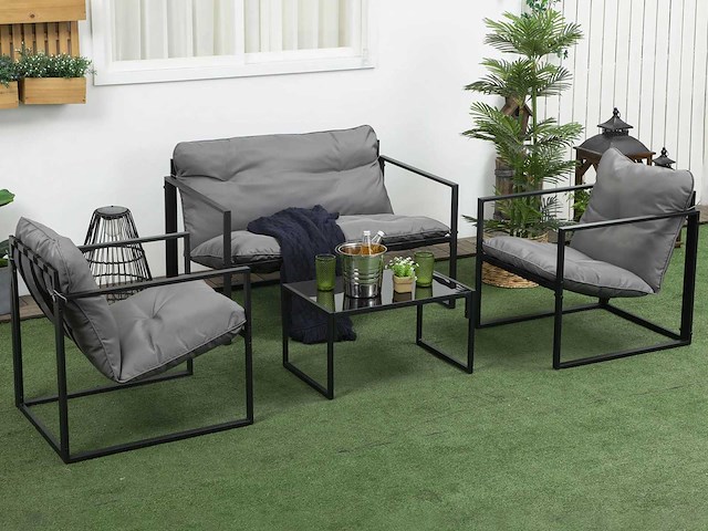 Tuinmeubilair, 4 kamers voor 4 personen met een 2-persoons bank, 2 fauteuils en 1 grijze salontafel - afbeelding 1 van  8