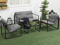 Tuinmeubilair, 4 kamers voor 4 personen met een 2-persoons bank, 2 fauteuils en 1 grijze salontafel
