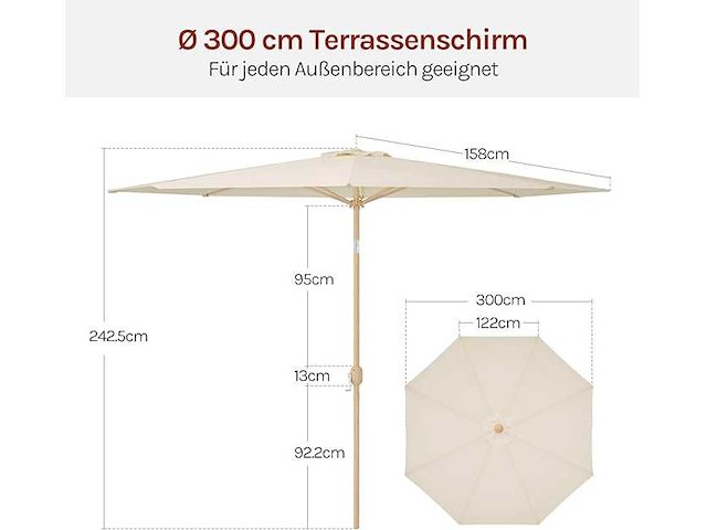 Tuinparasol f300cm upf 50+ met openende/sluitende krukas - afbeelding 6 van  7