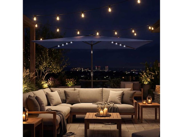 Tuinparasol met 24 zonne-led lampen kantelbare canvas metalen paal 2,9x2,5m blauw - afbeelding 1 van  1
