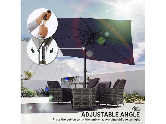 Tuinparasol met 24 zonne-led lampen kantelbare canvas metalen paal 2,9x2,5m blauw - afbeelding 5 van  5