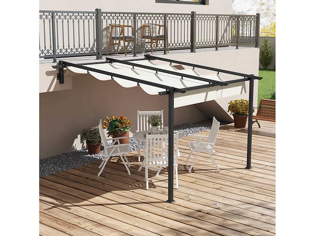 Tuinprieel 3 x 3m, uitschuifbaar luifel, wandbevestiging, metalen frame, crèmewit - afbeelding 1 van  6