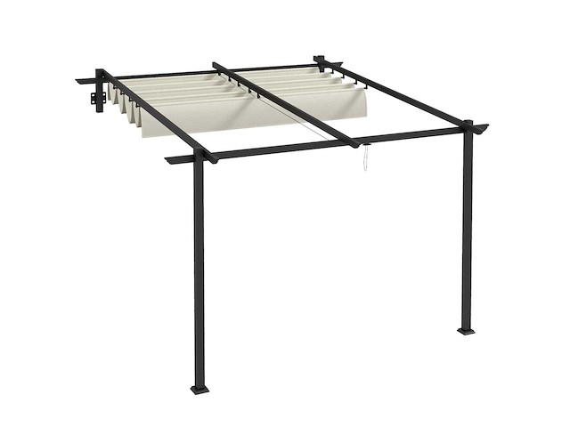 Tuinprieel 3 x 3m, uitschuifbaar luifel, wandbevestiging, metalen frame, crèmewit - afbeelding 2 van  6