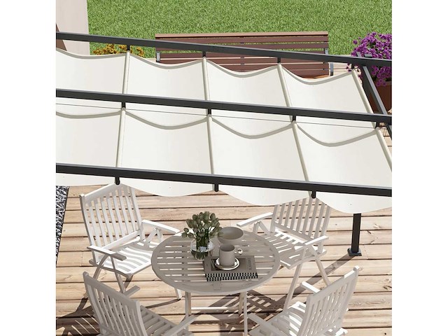 Tuinprieel 3 x 3m, uitschuifbaar luifel, wandbevestiging, metalen frame, crèmewit - afbeelding 5 van  6