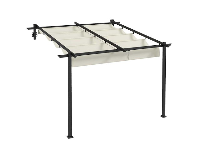 Tuinprieel 3 x 3m, uitschuifbaar luifel, wandbevestiging, metalen frame, crèmewit - afbeelding 6 van  6