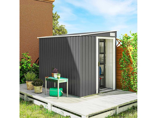 Tuinschuur 2,81 m² met fundering, wandgemonteerde buitengereedschapsschuur van gegalvaniseerd staal, 154x206,5x181cm, donkergrijs - afbeelding 1 van  8