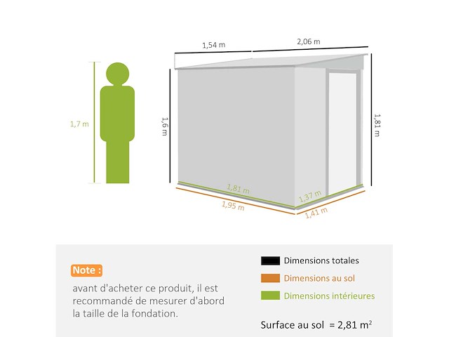Tuinschuur 2,81 m² met fundering, wandgemonteerde buitengereedschapsschuur van gegalvaniseerd staal, 154x206,5x181cm, donkergrijs - afbeelding 3 van  8