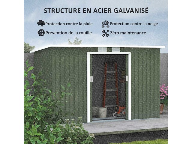 Tuinschuur 3,6 m² gereedschapsschuur met gegalvaniseerd stalen funderingspakket met lichtgroene schuifdeuren - afbeelding 4 van  6