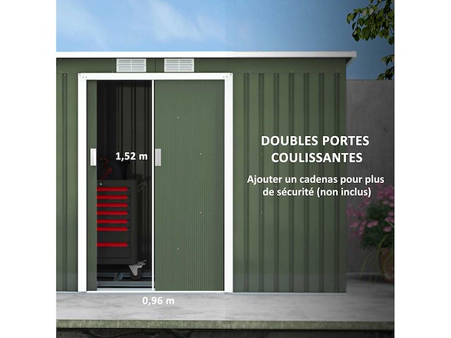 Tuinschuur 3,6 m² gereedschapsschuur met gegalvaniseerd stalen funderingspakket met lichtgroene schuifdeuren - afbeelding 5 van  6
