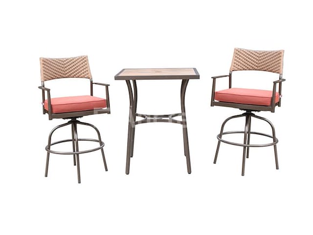 Tuinset 3-delig - barset hoog - bruin wicker + rode kussens - afbeelding 1 van  3