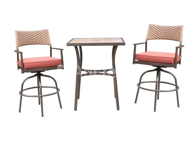 Tuinset 3-delig - barset hoog - bruin wicker + rode kussens - afbeelding 1 van  3