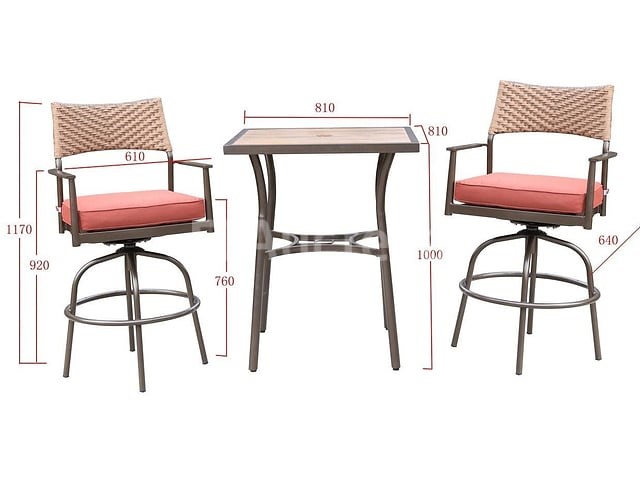 Tuinset 3-delig - barset hoog - bruin wicker + rode kussens - afbeelding 2 van  3
