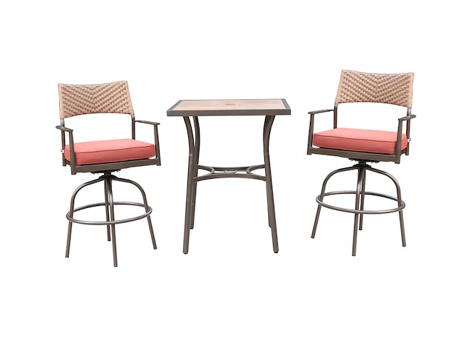 Tuinset 3-delig - barset hoog - bruin wicker + rode kussens - afbeelding 2 van  3