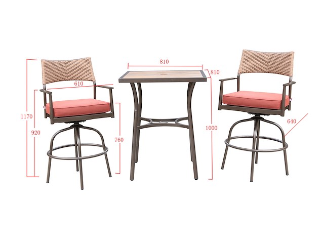 Tuinset 3-delig - barset hoog - bruin wicker + rode kussens - afbeelding 3 van  3