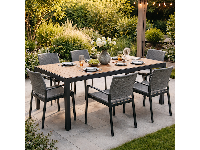 Tuintafel august gescova - zwart aluminium en teak - 202x100 cm - bruin/zwart - afbeelding 3 van  3