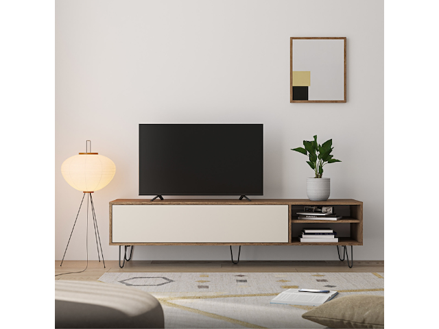 Tv-meubel aelan 1 opklapdeur en 2 open vakken-notenhout/licht beige - afbeelding 1 van  6