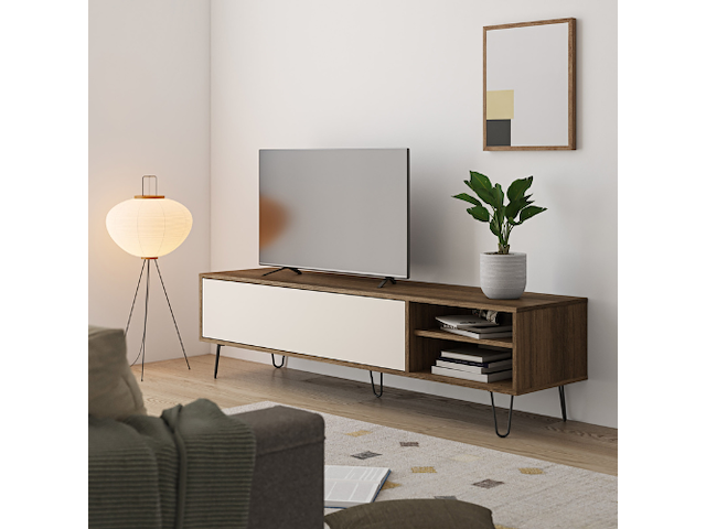 Tv-meubel aelan 1 opklapdeur en 2 open vakken-notenhout/licht beige - afbeelding 5 van  6
