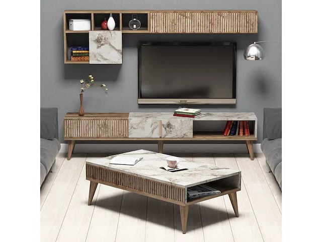 Tv-meubel en salontafel set - walnoothout en wit marmer - afbeelding 2 van  7
