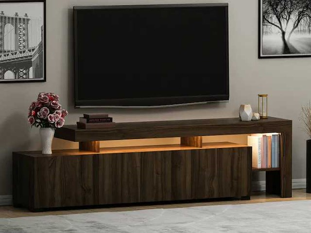 Tv-meubel met led-verlichting in melamine en pvc, walnootafwerking forme - afbeelding 1 van  7