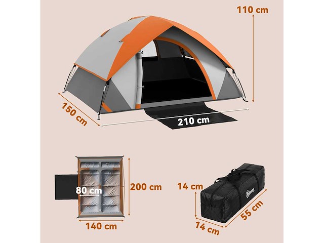 Tweepersoons koepeltent - oranje/grijs - afbeelding 3 van  5