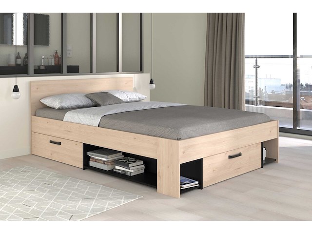 Tweepersoonsbed achiel - 140x200cm - met opbergruimte - eikdecor/zwart - afbeelding 1 van  7