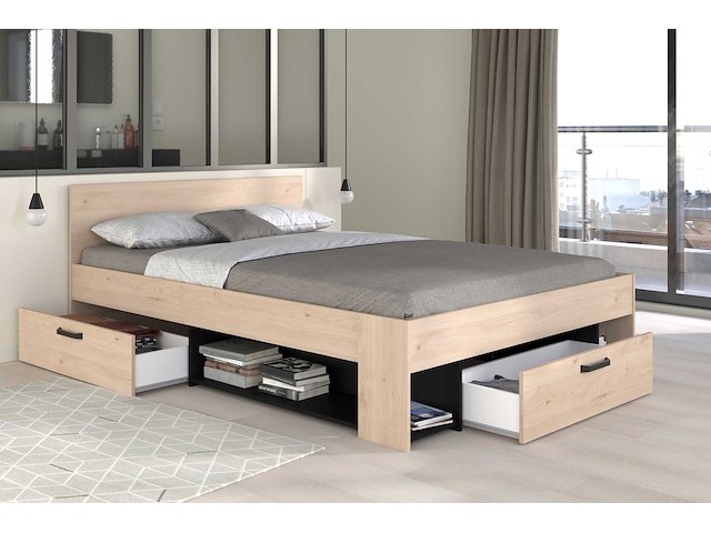 Tweepersoonsbed achiel - 140x200cm - met opbergruimte - eikdecor/zwart - afbeelding 4 van  7