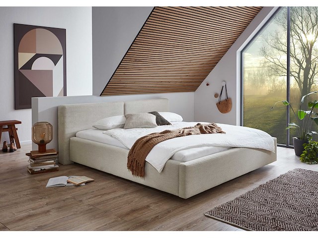 Tweepersoonsbed kubrik 180 x 200 cm ribfluweel - beige - afbeelding 1 van  7
