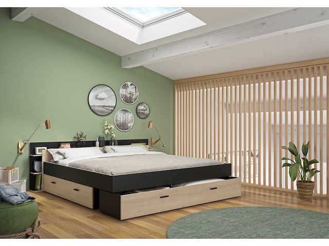 Tweepersoonsbed tonight - 180x200cm - met opberglades - eikdecor/zwart - afbeelding 1 van  5
