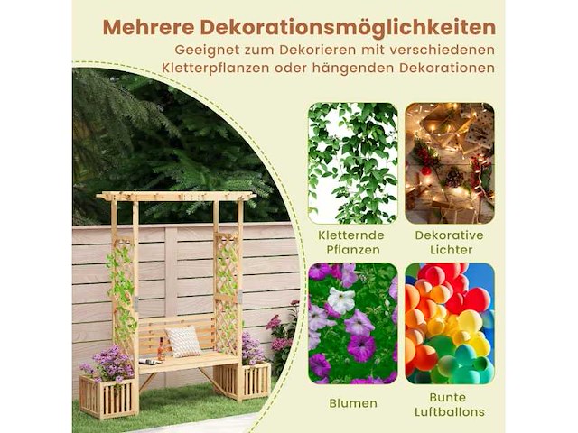 Tweezitter houten tuinbank met boog en 2 plantenbakken - afbeelding 2 van  2