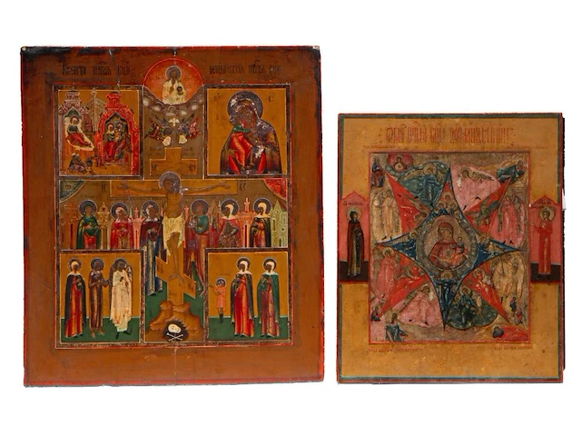 Two 19thc russian orthodox icons of our lady of the burning bush and a four-field icon with the crucifixion burning bush: 35.5 x 30 cm. (13.98 x 11.81 in.), four field icon: 44 x 39 cm. (17.32 x 15.34 in.) - afbeelding 1 van  4