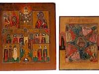 Two 19thc russian orthodox icons of our lady of the burning bush and a four-field icon with the crucifixion burning bush: 35.5 x 30 cm. (13.98 x 11.81 in.), four field icon: 44 x 39 cm. (17.32 x 15.34 in.)