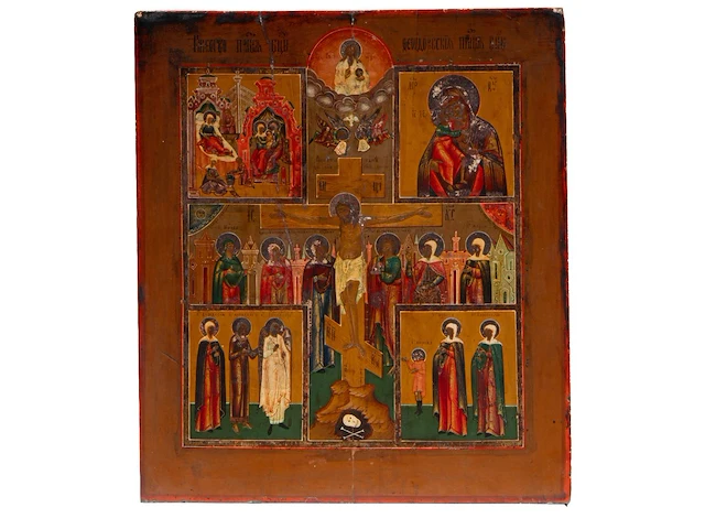 Two 19thc russian orthodox icons of our lady of the burning bush and a four-field icon with the crucifixion burning bush: 35.5 x 30 cm. (13.98 x 11.81 in.), four field icon: 44 x 39 cm. (17.32 x 15.34 in.) - afbeelding 3 van  4