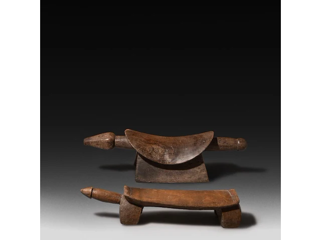 Two bembe tribal carved wooden phallic head rests, d.r. congo, l 53 cm (the largest) - afbeelding 2 van  5
