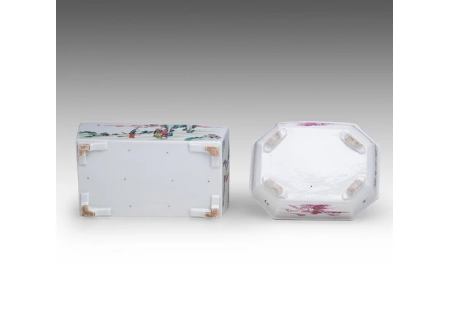 Two chinese famille rose planters, incl. a rectangular planter with figures, republic period, h 5,3 - 18 x 20,5 cm / h 8 - 14,5 x 24,5 cm - afbeelding 7 van  7