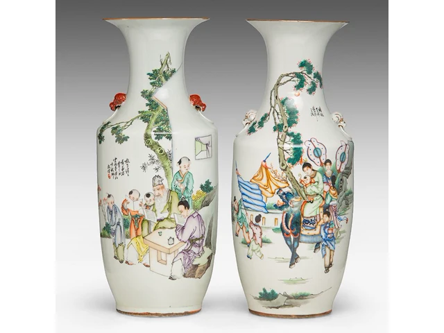 Two chinese famille rose vases, both decorated with a scene of playful boys and signed at the back, paired with lion head handles, republic period, h 58cm - afbeelding 1 van  6