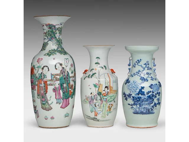 Two chinese famille rose vases, both decorated with beauties in a garden, republic period, h 43 - 59 cm - added a blue and white on celadon vase, 19thc, h 43 cm - afbeelding 1 van  7