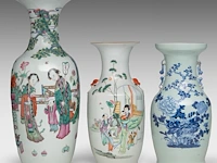 Two chinese famille rose vases, both decorated with beauties in a garden, republic period, h 43 - 59 cm - added a blue and white on celadon vase, 19thc, h 43 cm