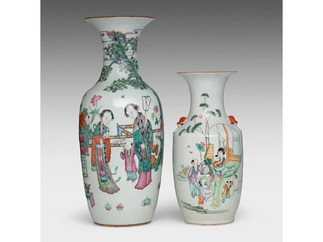 Two chinese famille rose vases, both decorated with beauties in a garden, republic period, h 43 - 59 cm - added a blue and white on celadon vase, 19thc, h 43 cm - afbeelding 2 van  7