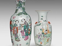 Two chinese famille rose vases, both decorated with beauties in a garden, republic period, h 43 - 59 cm - added a blue and white on celadon vase, 19thc, h 43 cm - afbeelding 2 van  7