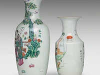 Two chinese famille rose vases, both decorated with beauties in a garden, republic period, h 43 - 59 cm - added a blue and white on celadon vase, 19thc, h 43 cm - afbeelding 3 van  7