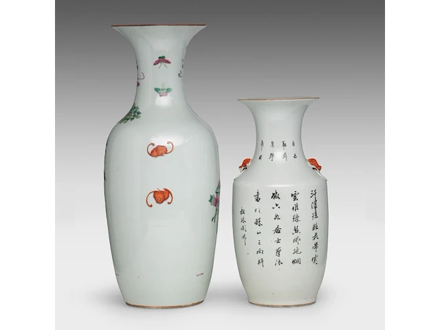 Two chinese famille rose vases, both decorated with beauties in a garden, republic period, h 43 - 59 cm - added a blue and white on celadon vase, 19thc, h 43 cm - afbeelding 4 van  7