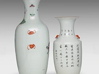 Two chinese famille rose vases, both decorated with beauties in a garden, republic period, h 43 - 59 cm - added a blue and white on celadon vase, 19thc, h 43 cm - afbeelding 4 van  7