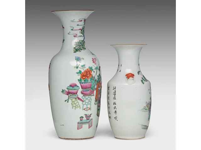 Two chinese famille rose vases, both decorated with beauties in a garden, republic period, h 43 - 59 cm - added a blue and white on celadon vase, 19thc, h 43 cm - afbeelding 5 van  7