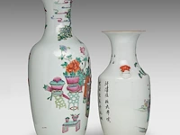 Two chinese famille rose vases, both decorated with beauties in a garden, republic period, h 43 - 59 cm - added a blue and white on celadon vase, 19thc, h 43 cm - afbeelding 5 van  7