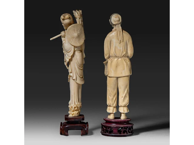 Two chinese ivory sculptures of fishermen, late qing dynasty (1850-1912), ivory h 25 cm - ivory 370g / ivory h 24 cm - total weight 477g (+) - afbeelding 4 van  8