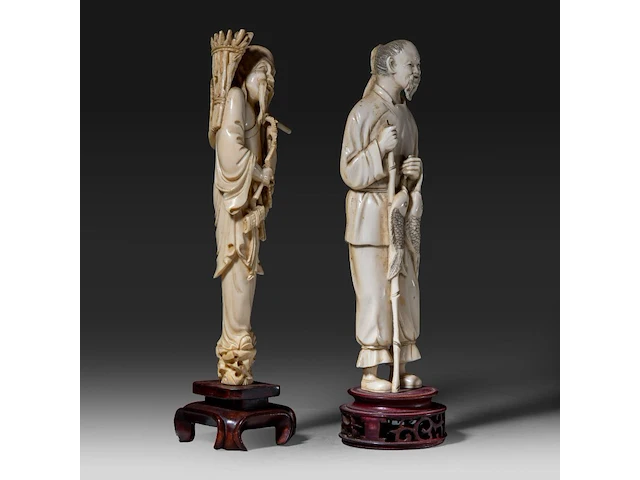 Two chinese ivory sculptures of fishermen, late qing dynasty (1850-1912), ivory h 25 cm - ivory 370g / ivory h 24 cm - total weight 477g (+) - afbeelding 6 van  8