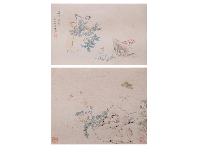 Two chinese paintings, 'toad in a garden' & 'butterfly and flowers', colour on paper, seal stamped, 44,7 x 29,7 cm / 29 x 23 cm - afbeelding 1 van  5