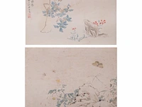 Two chinese paintings, 'toad in a garden' & 'butterfly and flowers', colour on paper, seal stamped, 44,7 x 29,7 cm / 29 x 23 cm