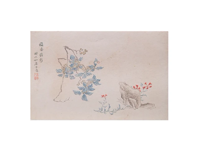 Two chinese paintings, 'toad in a garden' & 'butterfly and flowers', colour on paper, seal stamped, 44,7 x 29,7 cm / 29 x 23 cm - afbeelding 2 van  5