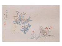 Two chinese paintings, 'toad in a garden' & 'butterfly and flowers', colour on paper, seal stamped, 44,7 x 29,7 cm / 29 x 23 cm - afbeelding 2 van  5